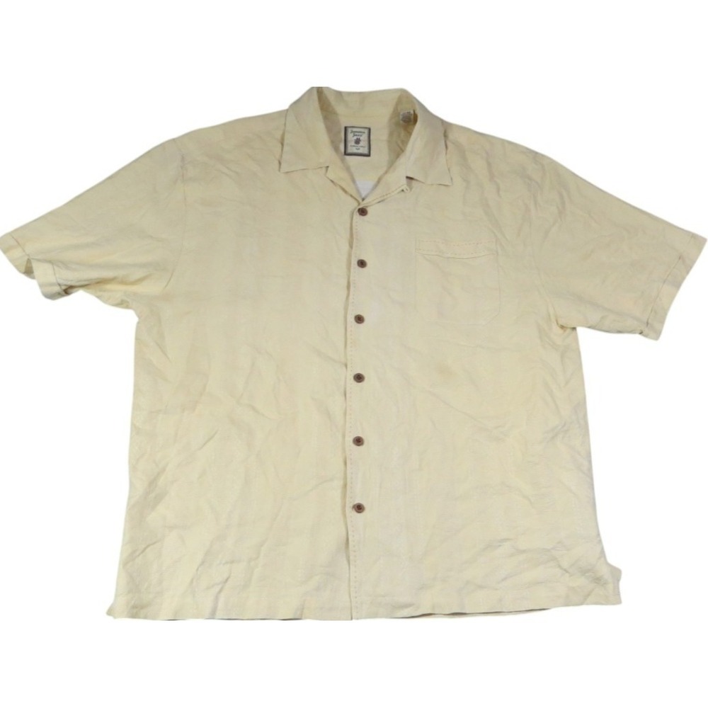 Jamaica Jaxx Hawaiian Shirt Men XL Pale Yellow Textured Button Front Cabana Silk